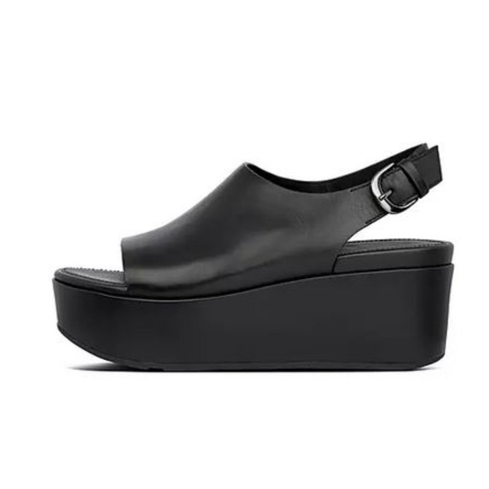 Fit Flop-Size 8-Eloise Black Platform Wedge Back-strap Sandal